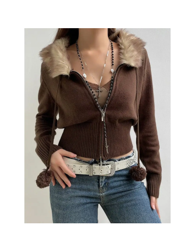 Cropped Design Zip-Up Cardigan with Faux-Fur Collar and Elasticated Sleeves les ligaments