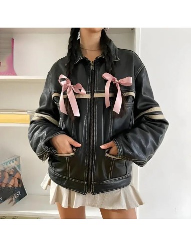 Vintage Grunge Faux Leather Jacket with Striped Design and Pockets la chaussure