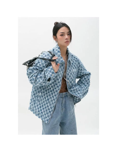 Pastel Blue Y2K Checkered Zip Up Jacket with Checkered Design de votre